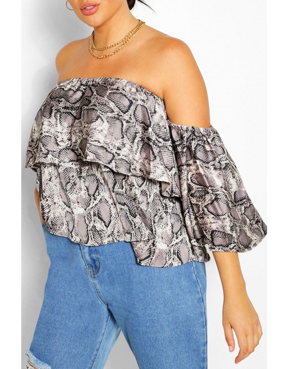Plus Snake Print Bardot Top - grey