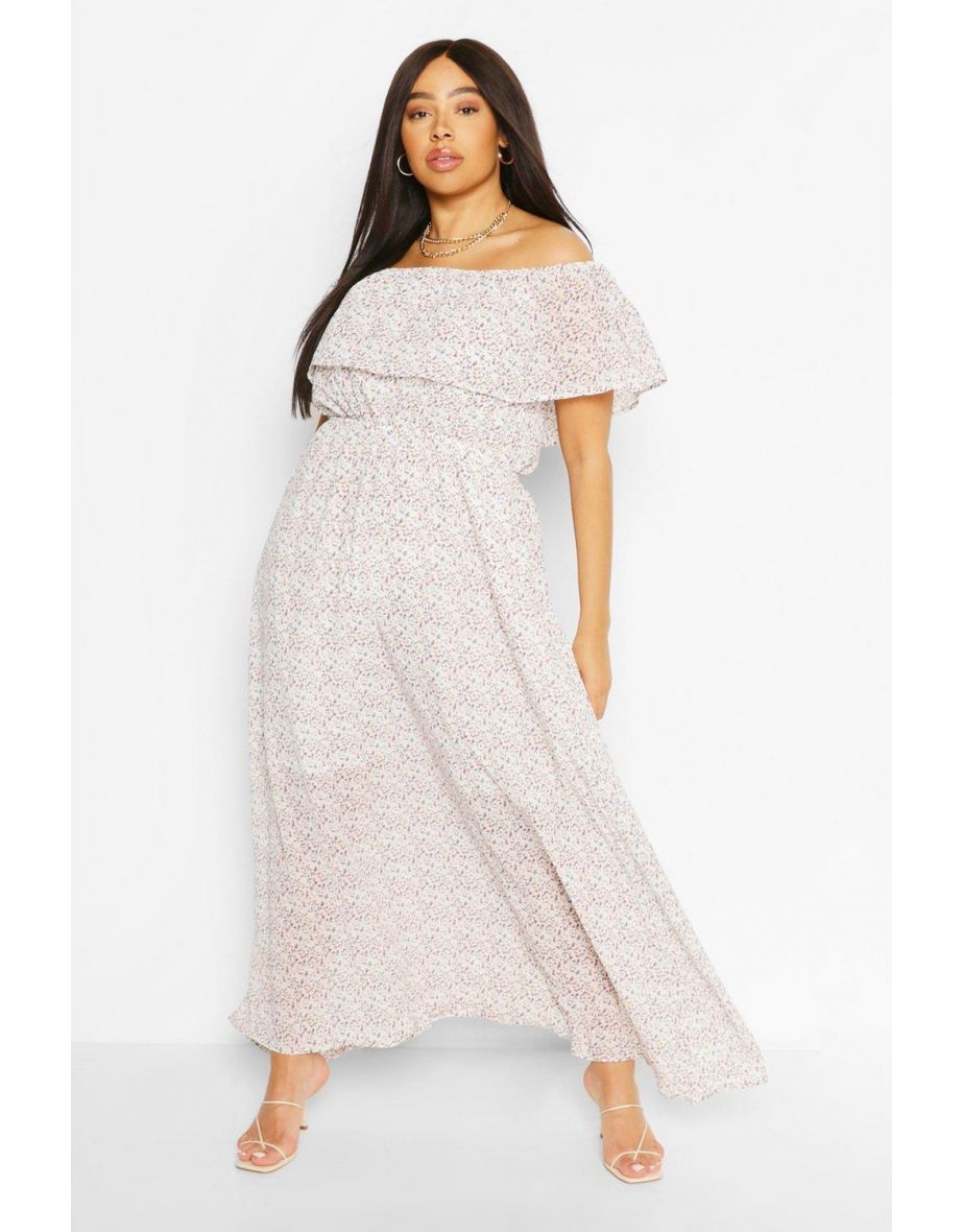 Plus Floral Ruffle Bardot  Maxi Dress - ivory