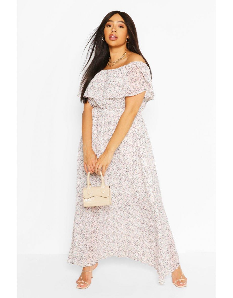 Plus Floral Ruffle Bardot  Maxi Dress - ivory - 3