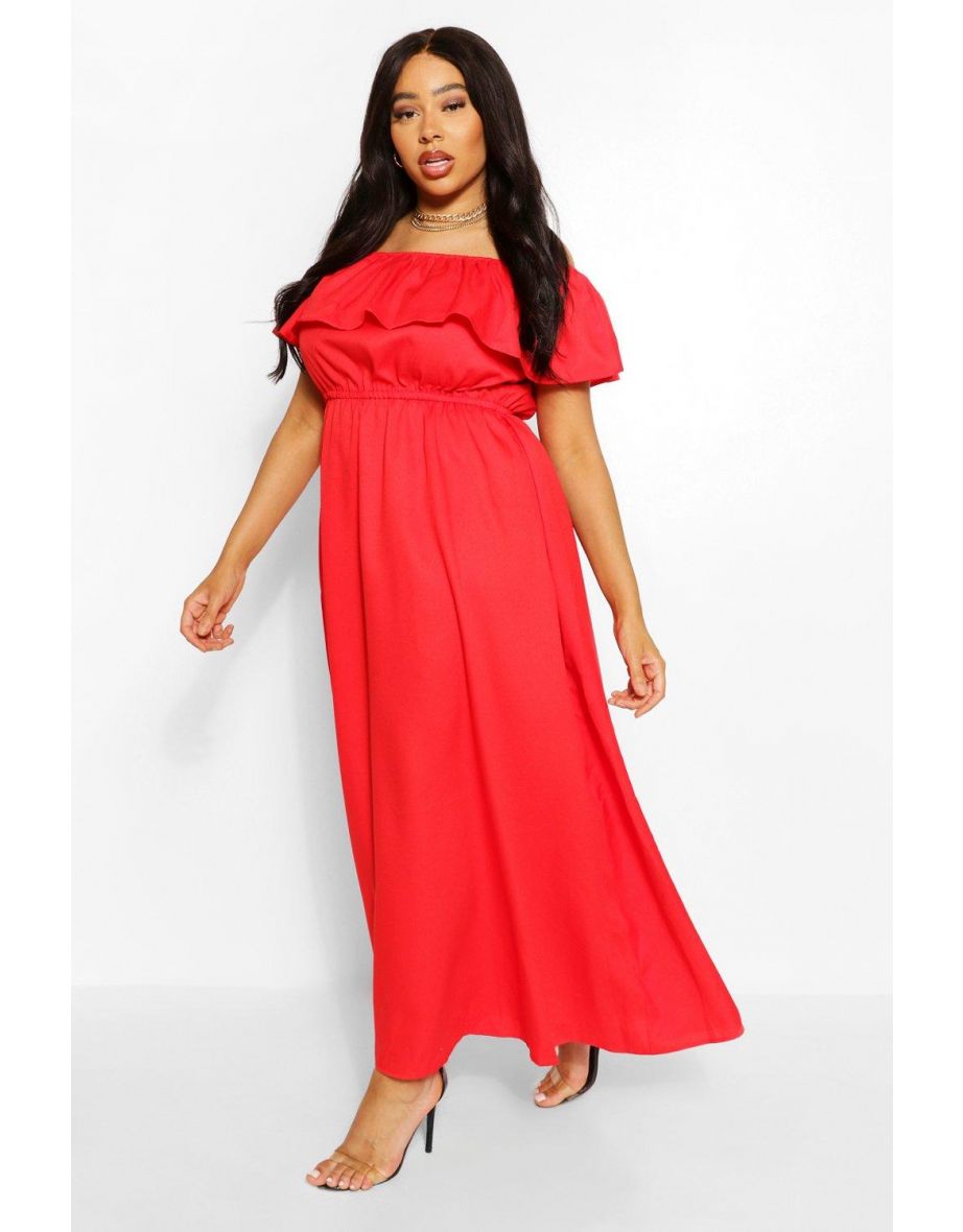 Plus Ruffle Bardot Maxi Dress - red