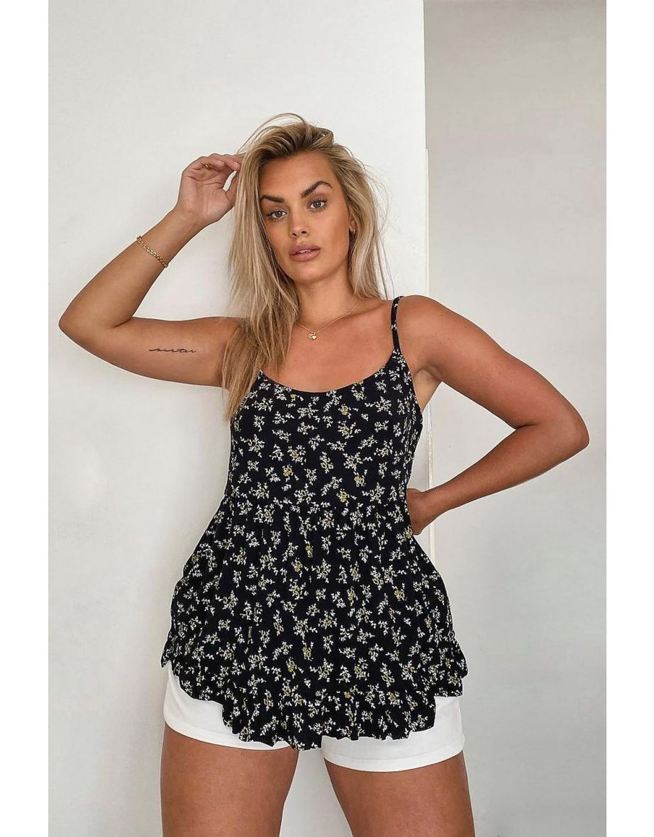 Plus Ditsy Floral Tiered Smock Cami - black