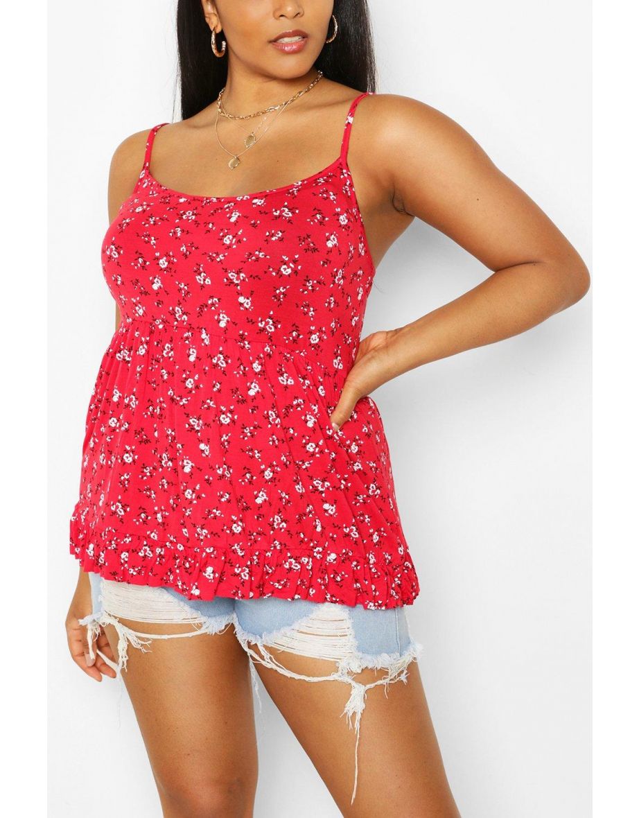Plus Ditsy Floral Tiered Smock Cami - red