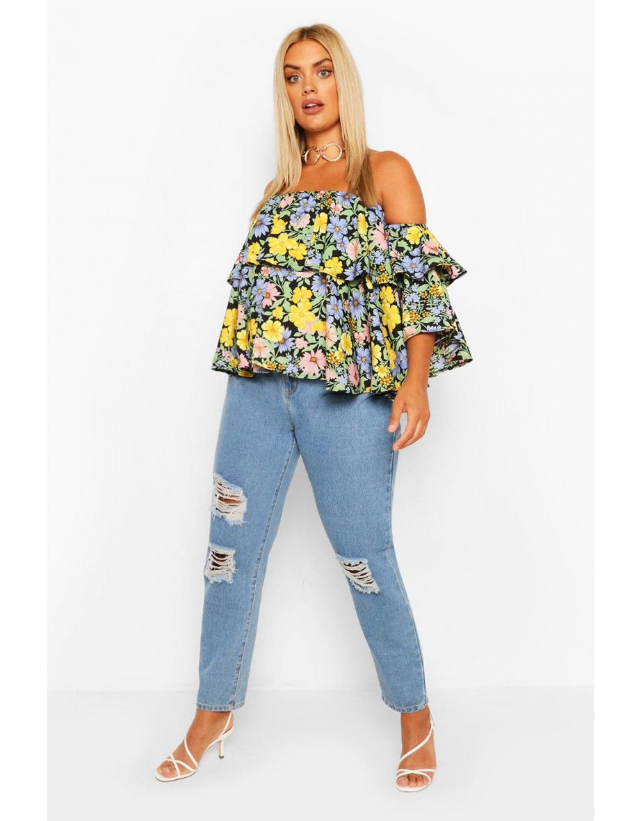 Plus Woven Ruffle Floral Off Shoulder Top - black - 3