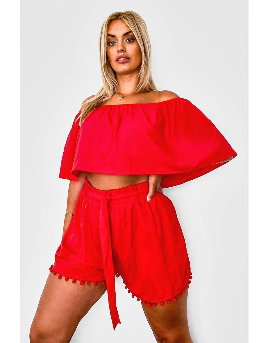 Plus Off Shoulder Pom Pom Short Co-ord - red