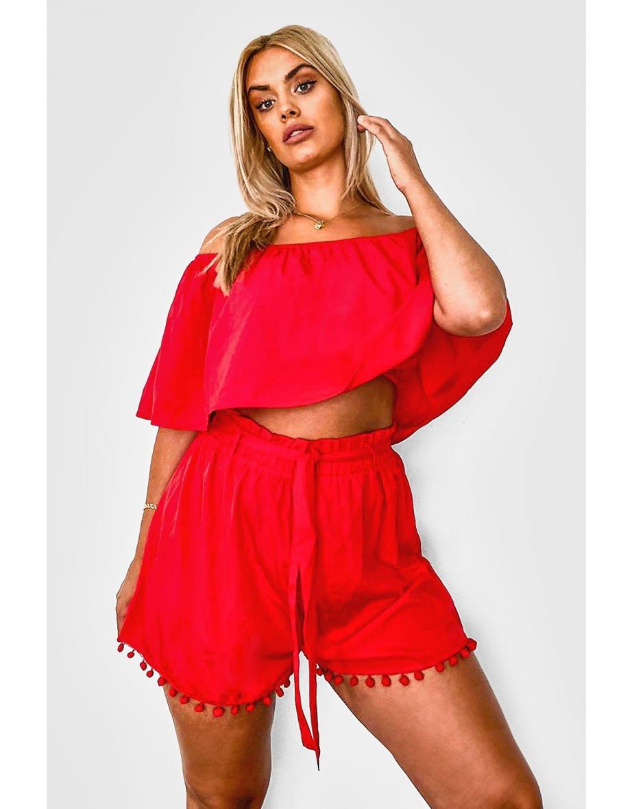 Plus Off Shoulder Pom Pom Short Co-ord - red - 3