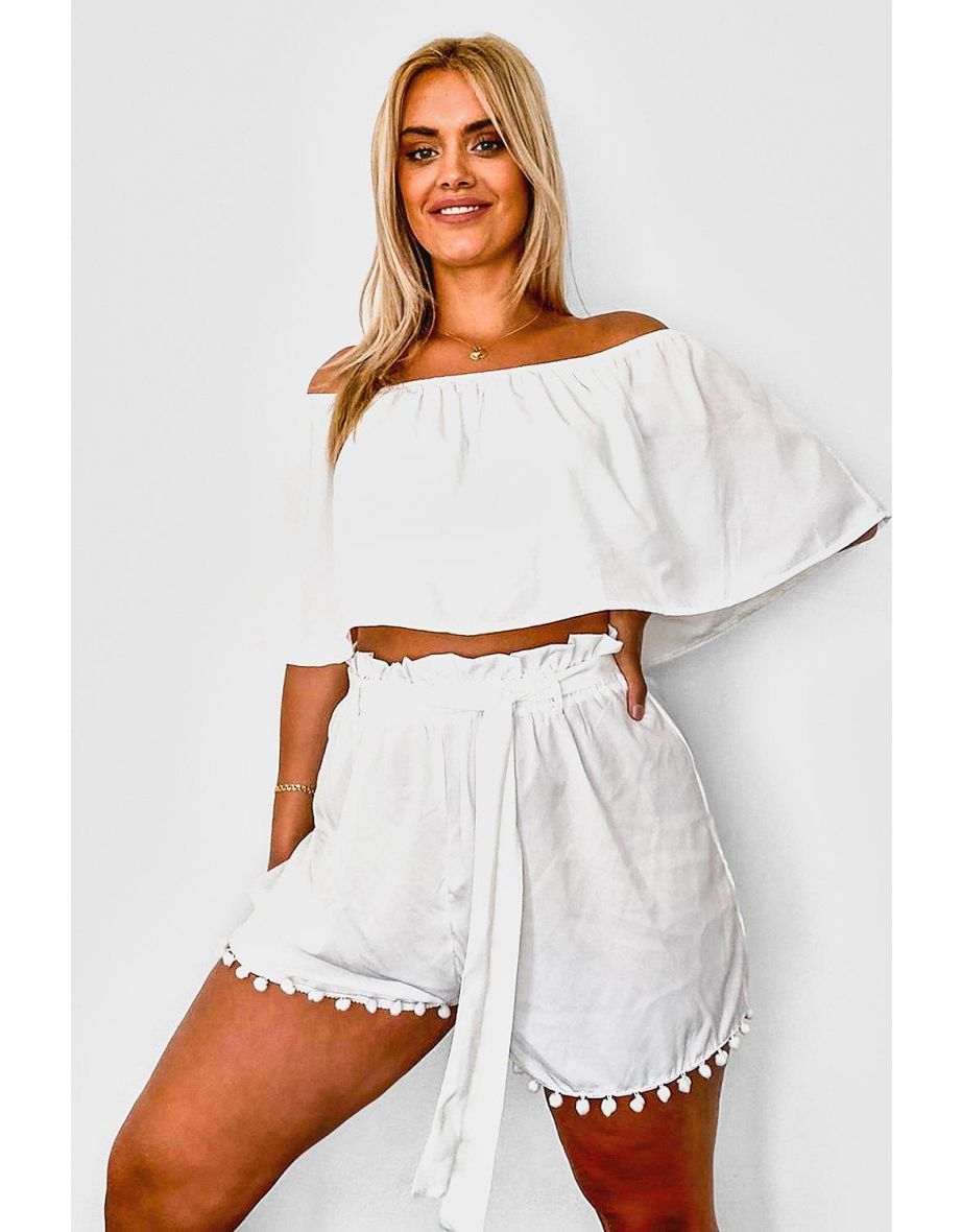 Plus Off Shoulder Pom Pom Short Co-ord - white
