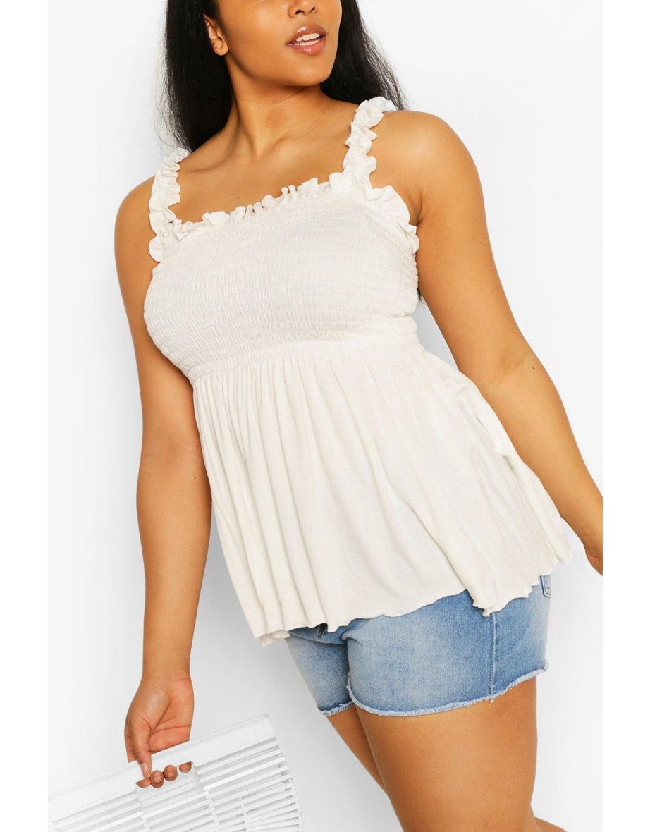 Plus Shirred Ruffle Strap Peplum Cami - ivory