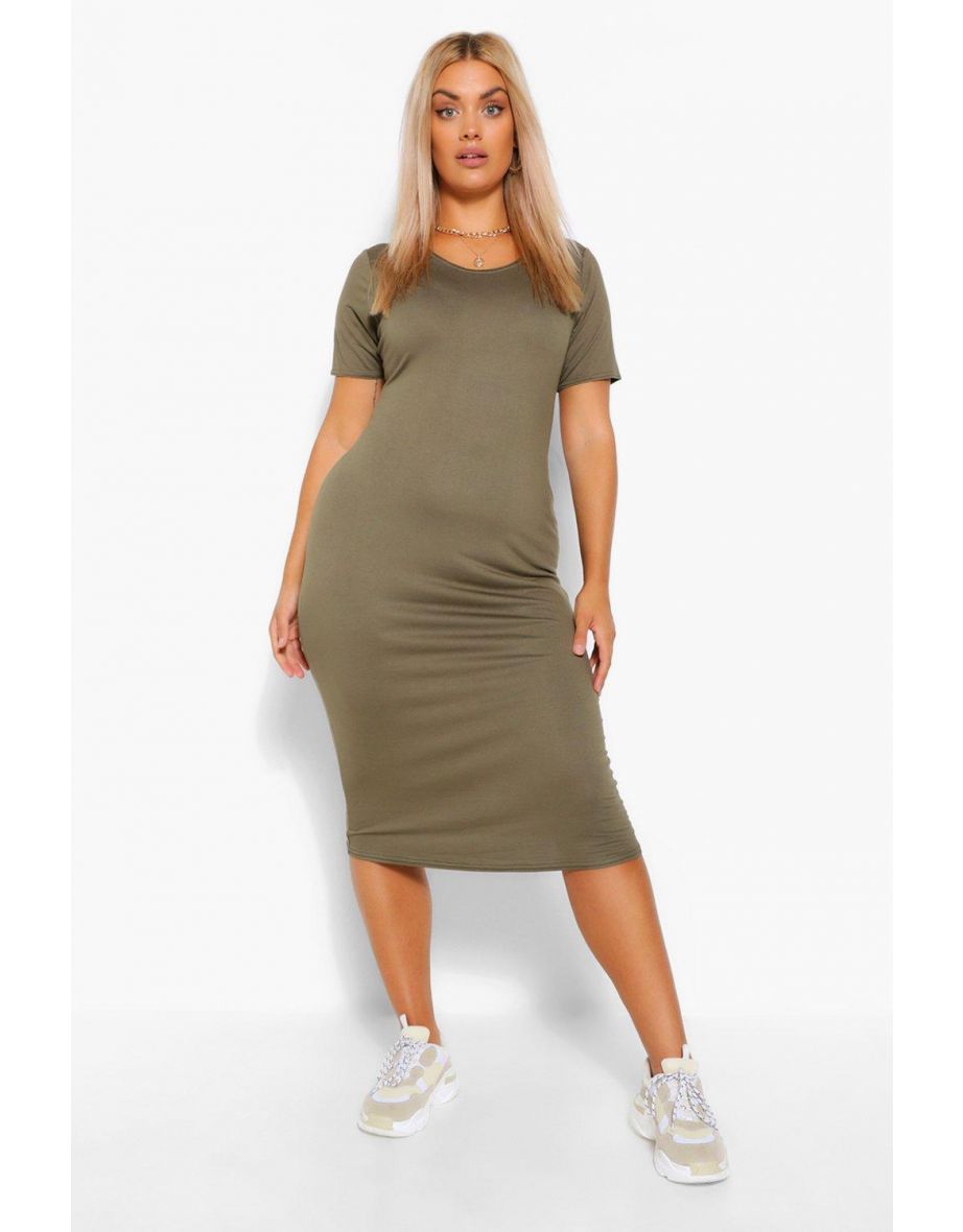 Plus Cap Sleeve Jersey Midi Dress - khaki