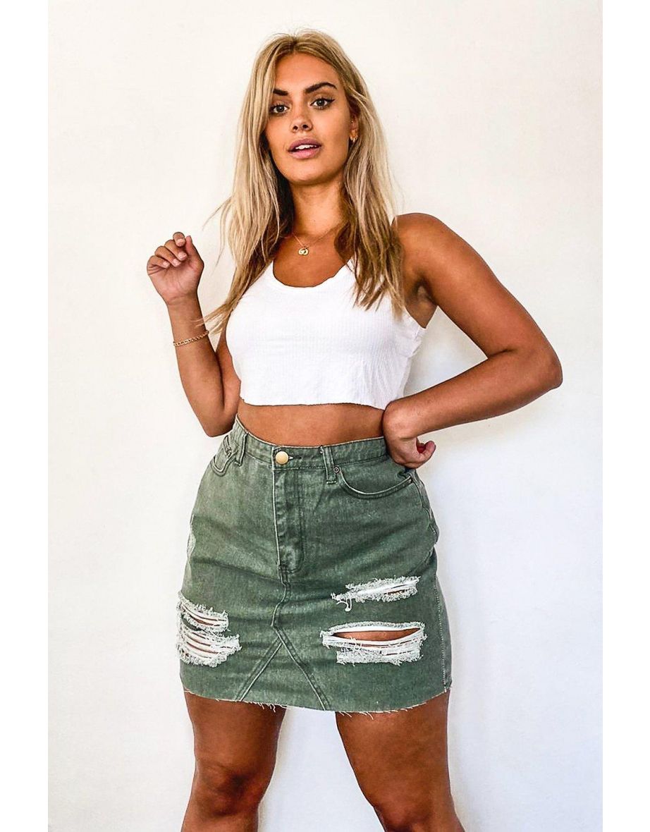 Khaki ripped 2025 denim skirt