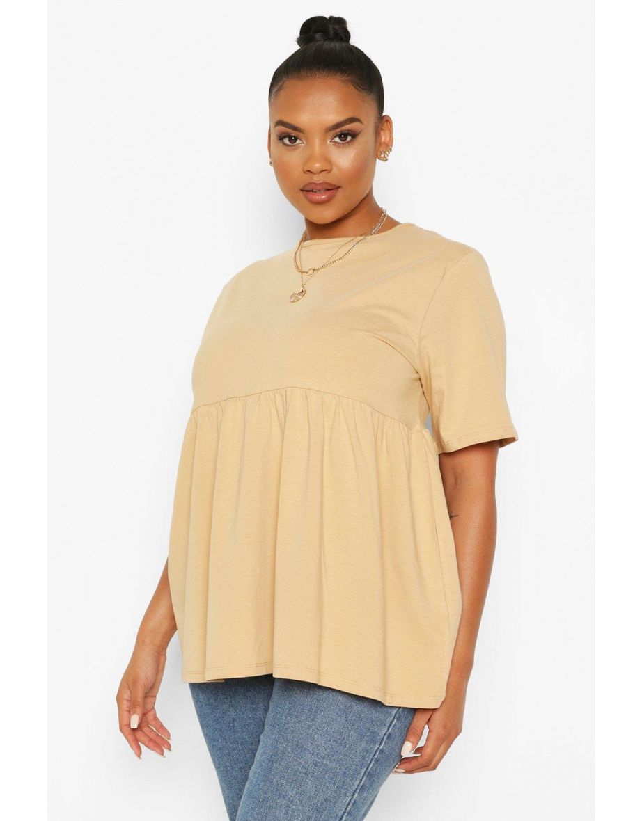 Plus Crew Neck Cap Sleeve Smock Top - camel