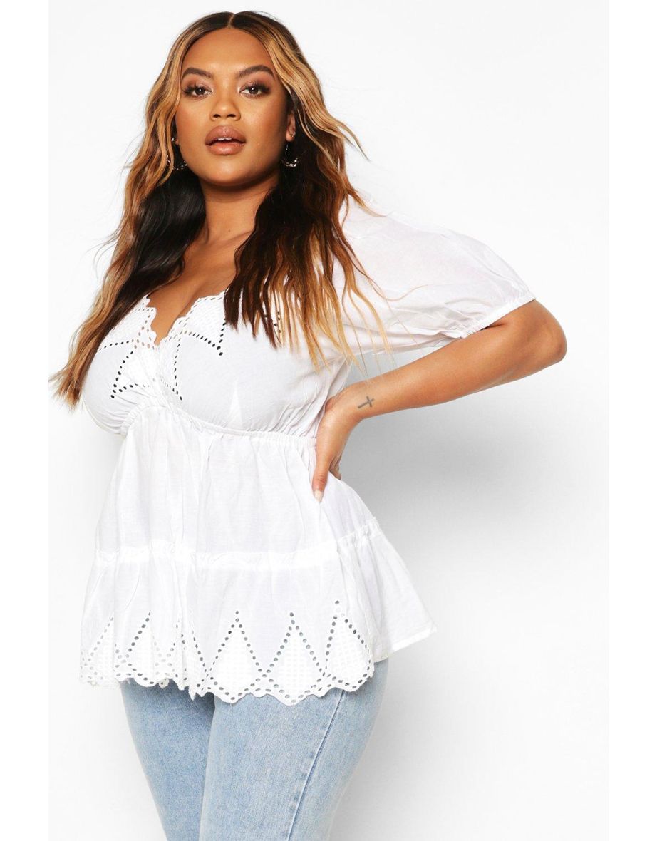 Shop Plus Broderie Anglaise Smock Top white Online in Oman VogaCloset
