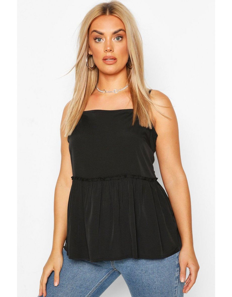 Plus Square Neck Ruffle Hem Cami Top - black