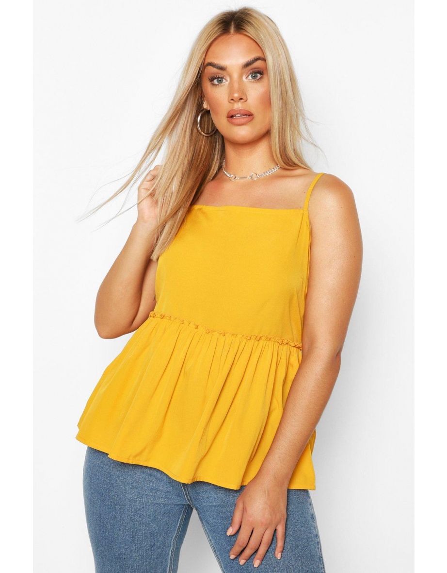 Plus Square Neck Ruffle Hem Cami Top - mustard