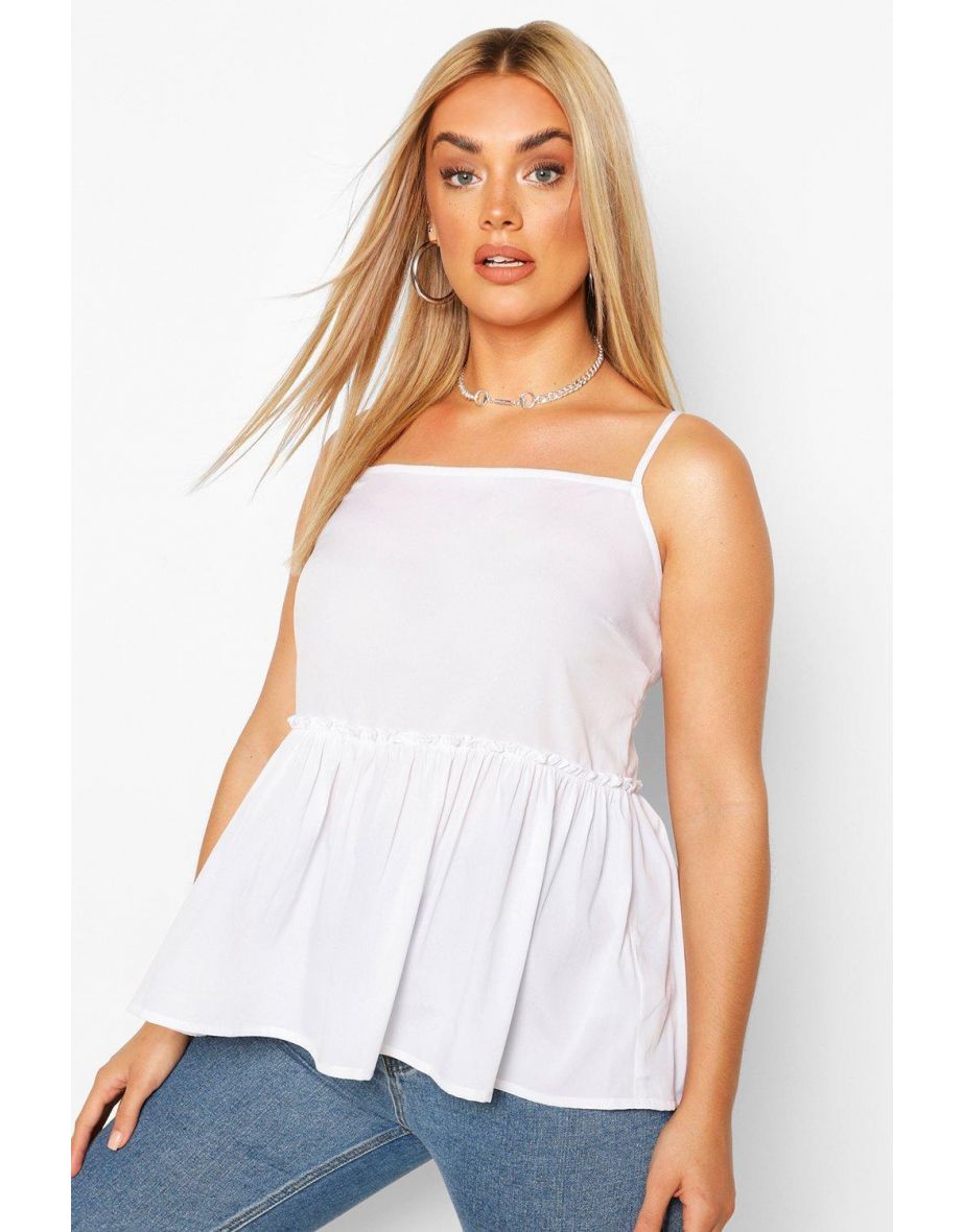 Plus Square Neck Ruffle Hem Cami Top - white