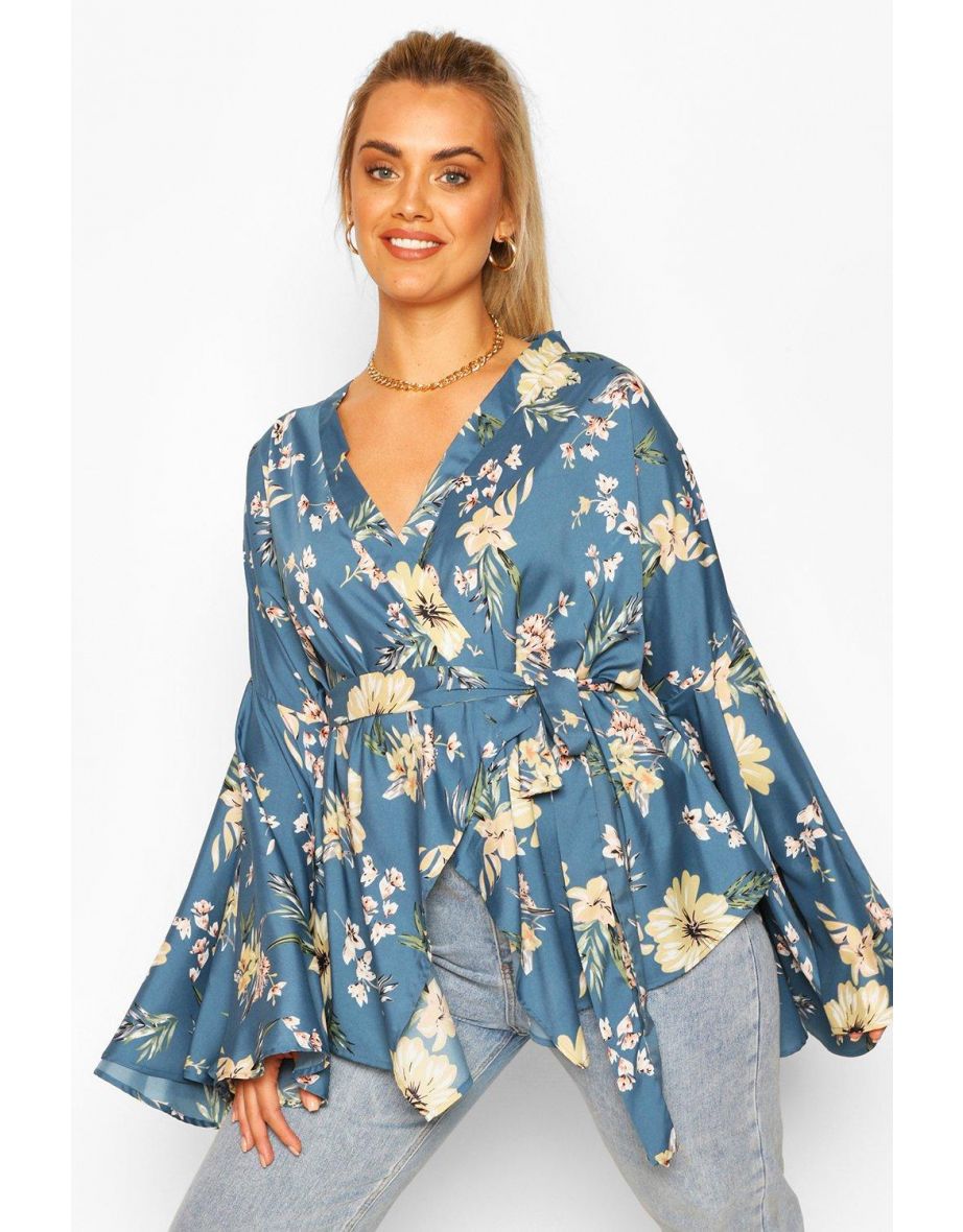 Plus Extreme Wide Sleeve Wrap Top - blue
