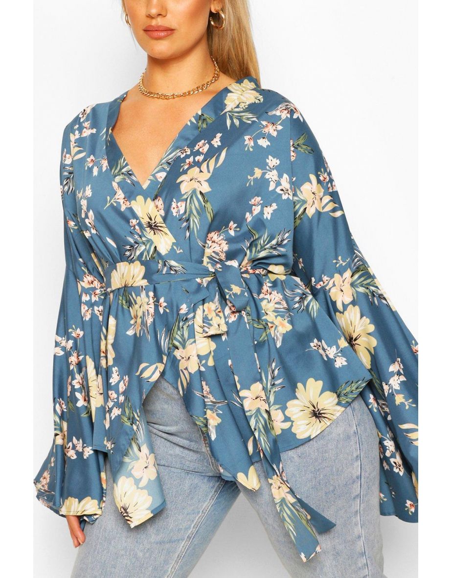 Plus Extreme Wide Sleeve Wrap Top - blue - 3