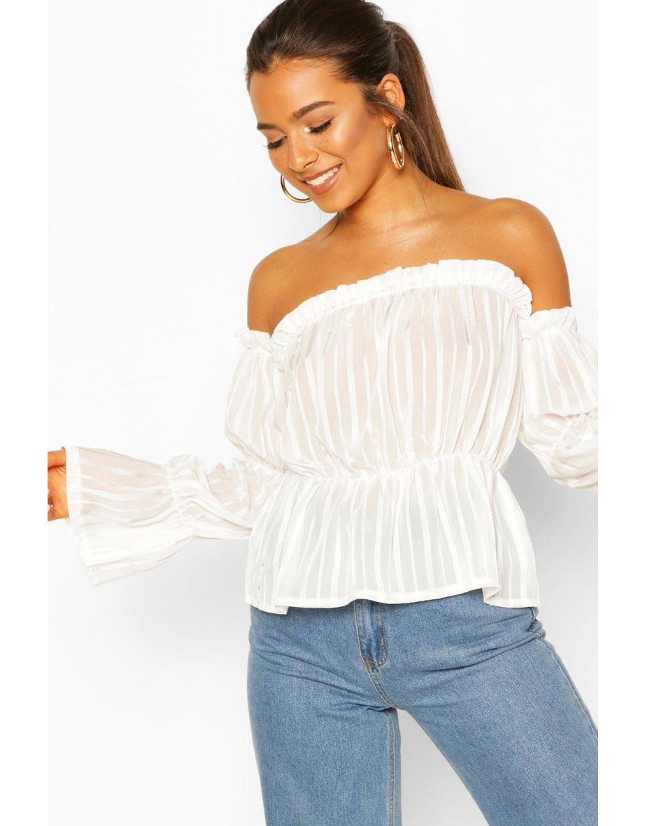 Petite Satin Stripe Volume Sleeve Bardot Top - white