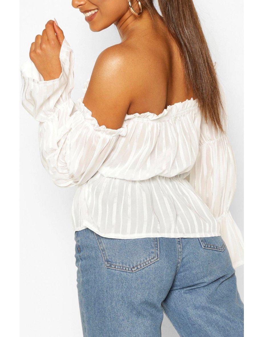 Petite Satin Stripe Volume Sleeve Bardot Top - white - 3