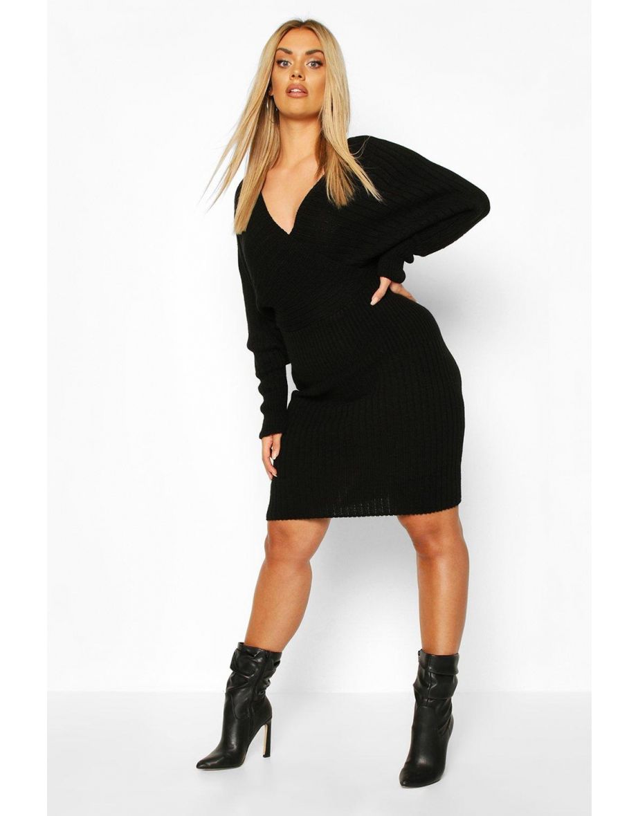 Plus Wrap Knitted Midi Dress - black