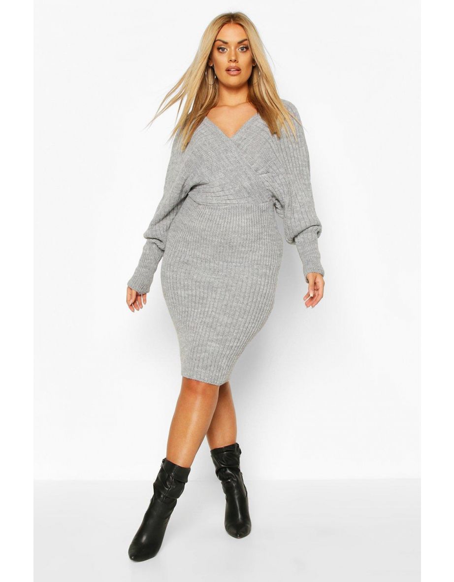 Plus Wrap Knitted Midi Dress - grey