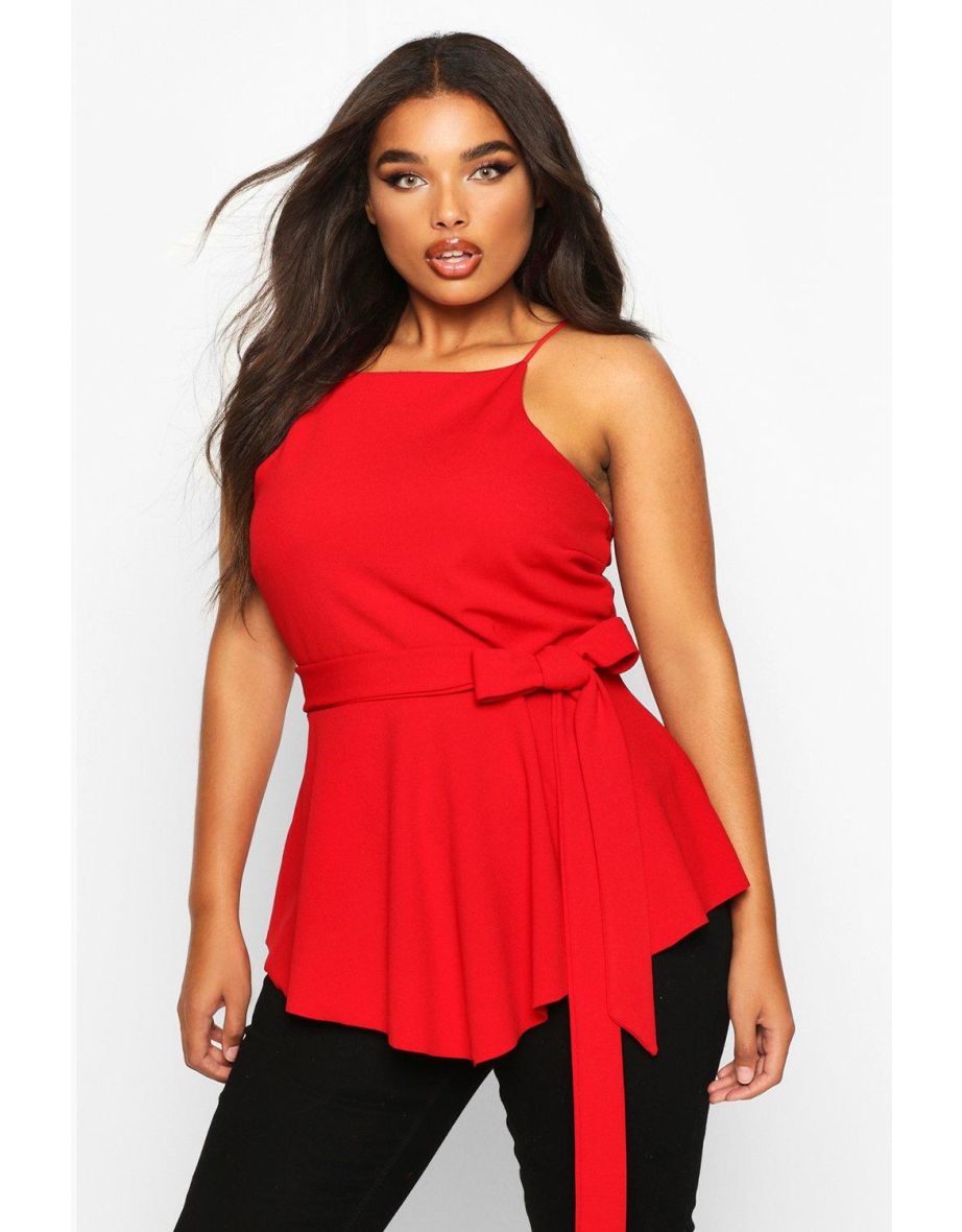 Plus Crepe Tie Front Asymmetric Top - red