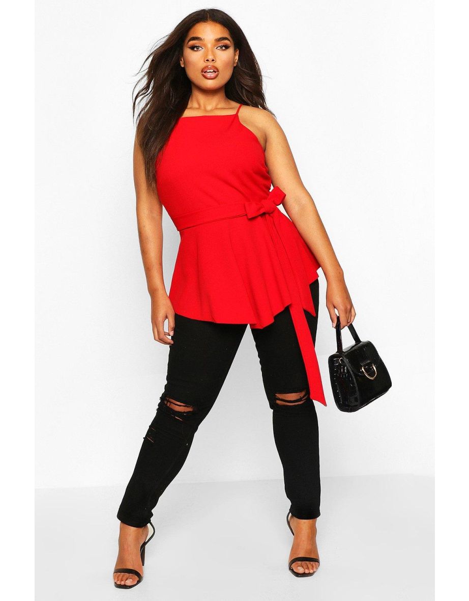 Plus Crepe Tie Front Asymmetric Top - red - 3