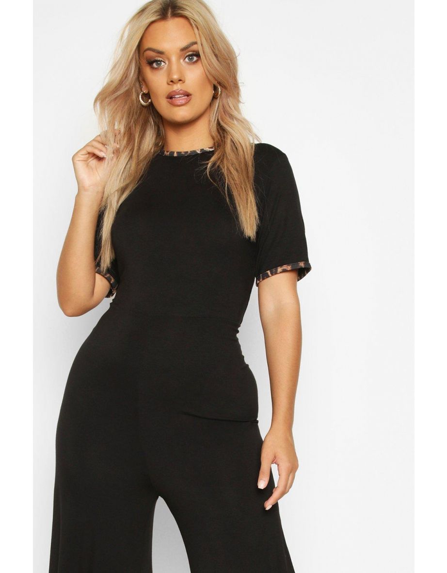 Plus Leopard Ringer Jersey Culotte Jumpsuit - black - 3