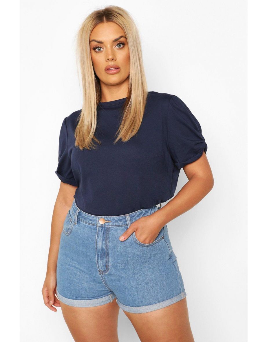 Plus Ruched Knot Puff Sleeve T-Shirt - navy