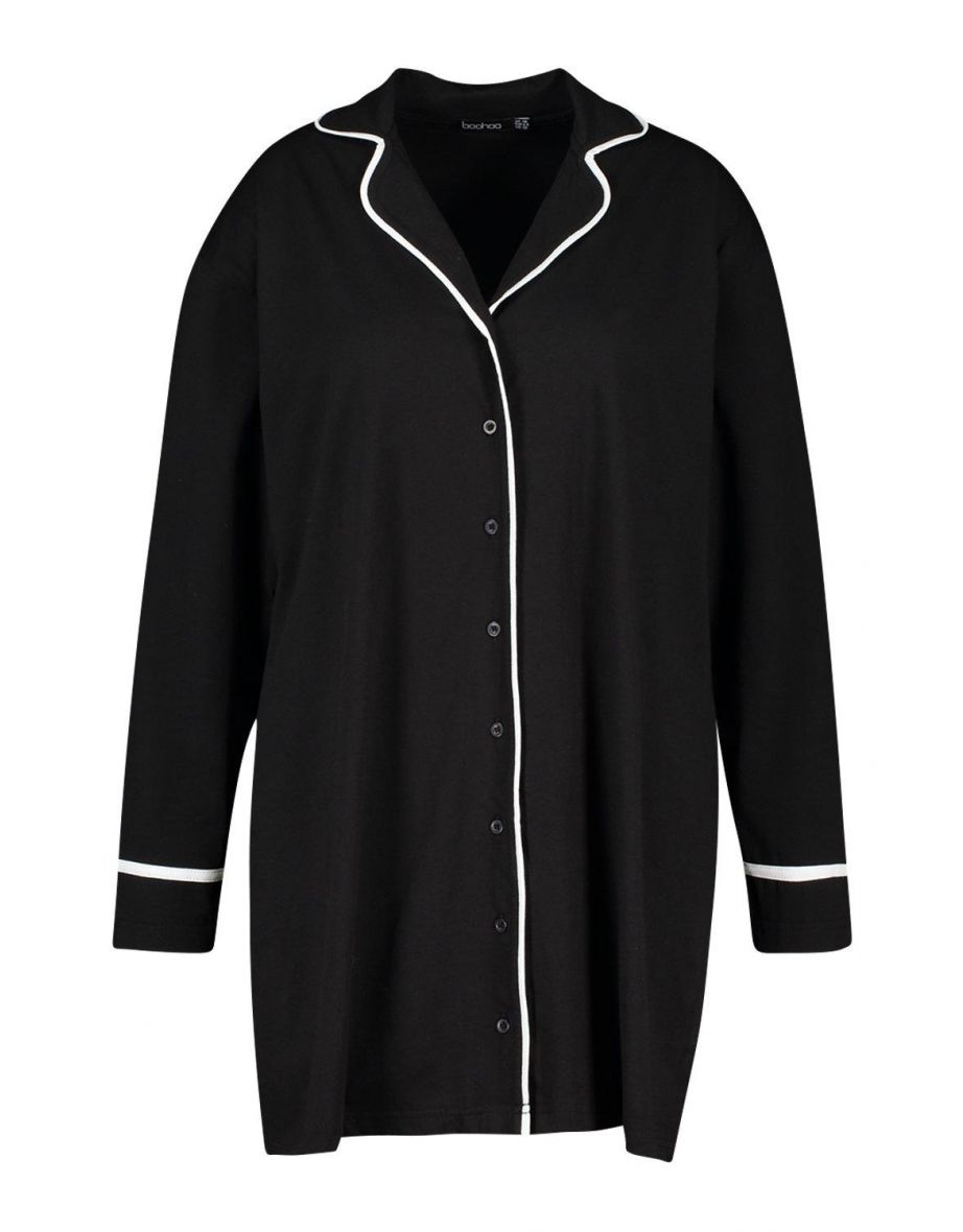 Plus Button Through Night Shirt Dress - black - 1