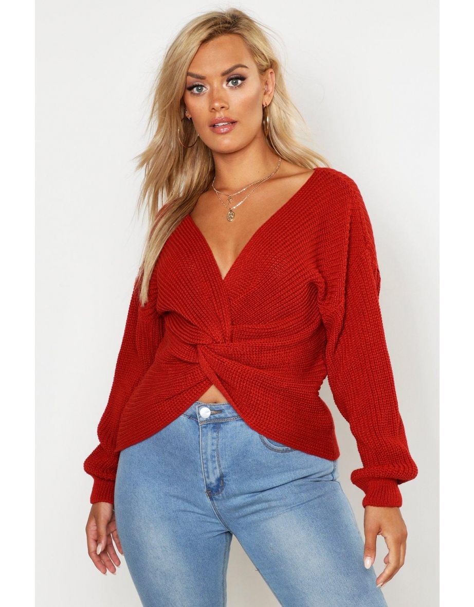 Plus Twist Front Knitted Jumper - terracotta - 3