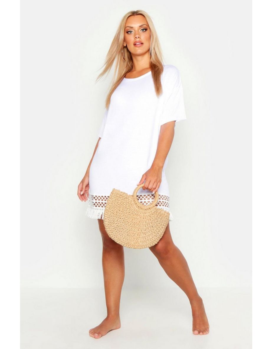 Plus Crochet Tassel Hem Beach Dress - white