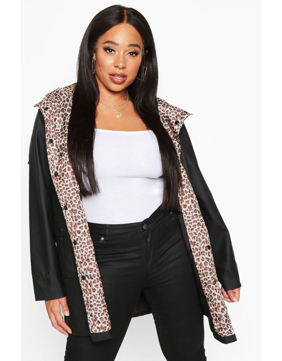 Plus Leopard Lined Rain Mac - black