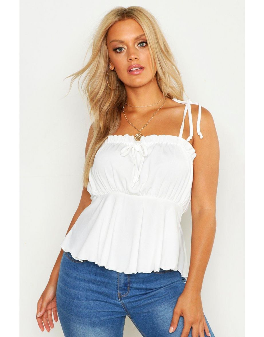 Plus Rib Ruched Bust Tie Shoulder Cami - white