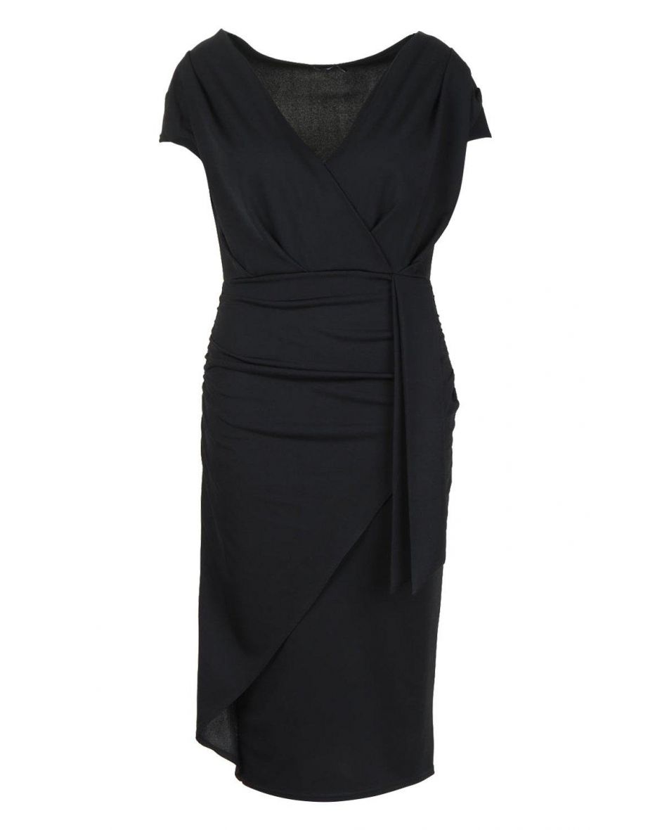 Plus Bardot Wrap Front Belted Midi Dress - black - 1