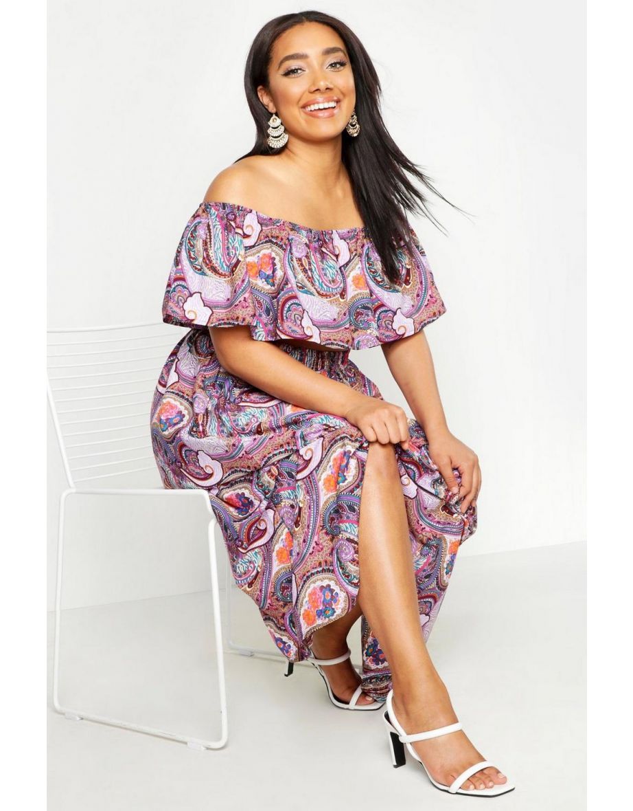 Plus Paisley Ruffle Bardot Top And Maxi Skirt - purple