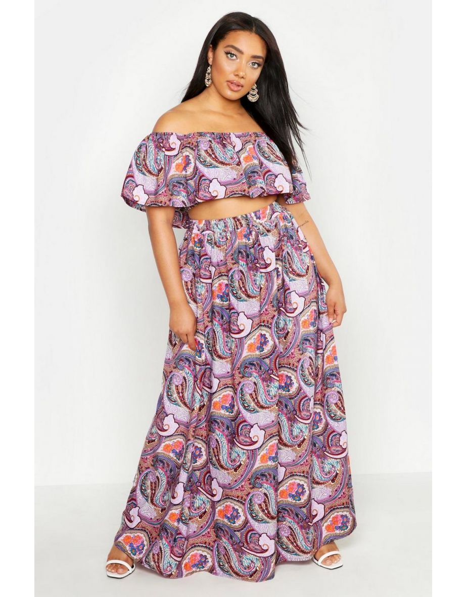 Plus Paisley Ruffle Bardot Top And Maxi Skirt - purple - 3