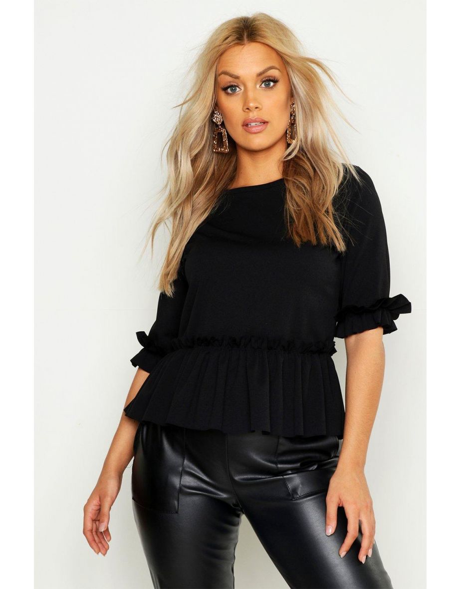 Plus Ruffle Sleeve and Hem Peplum Top - black