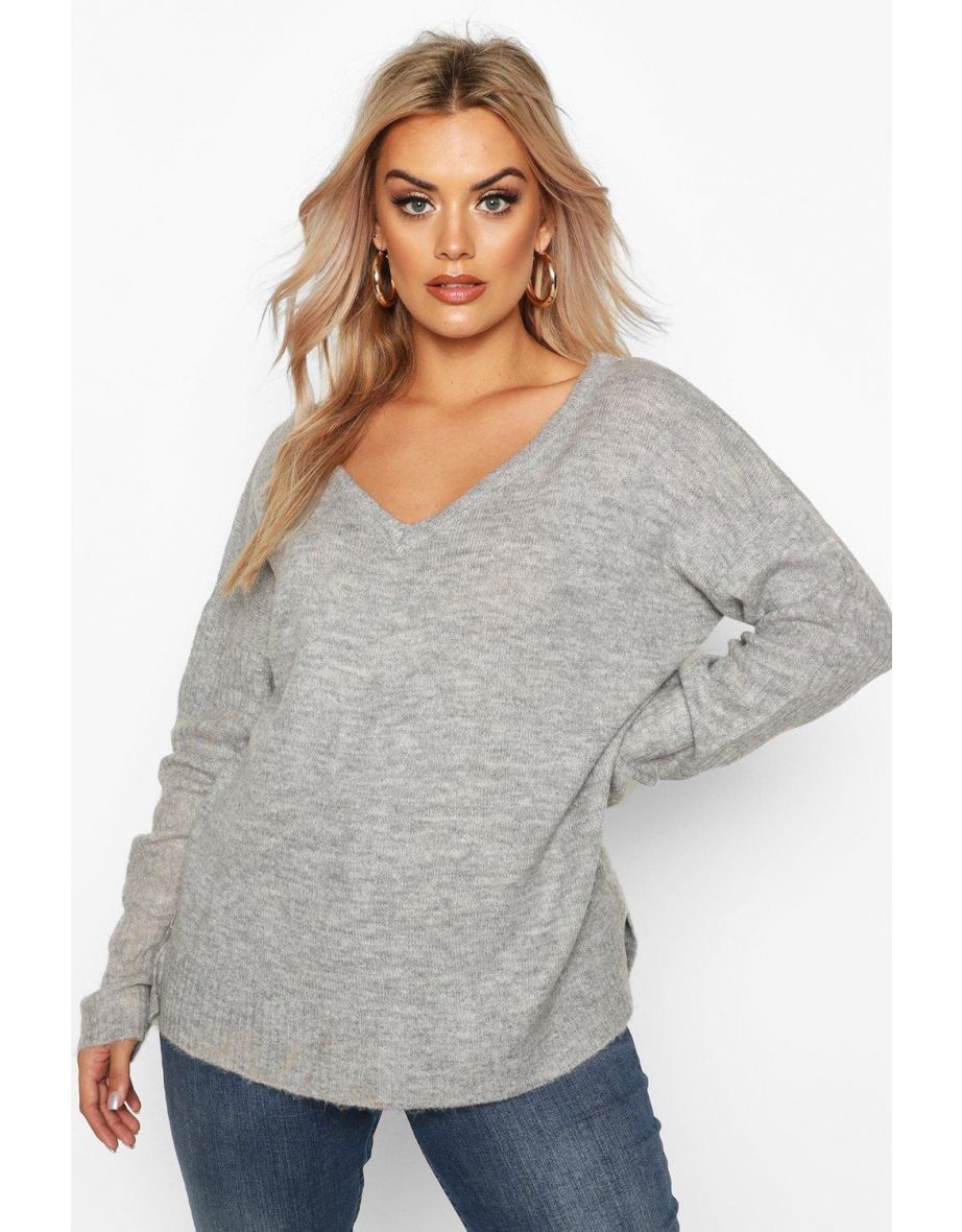 Plus Jumper With V Neck Detail Front And Back - grey