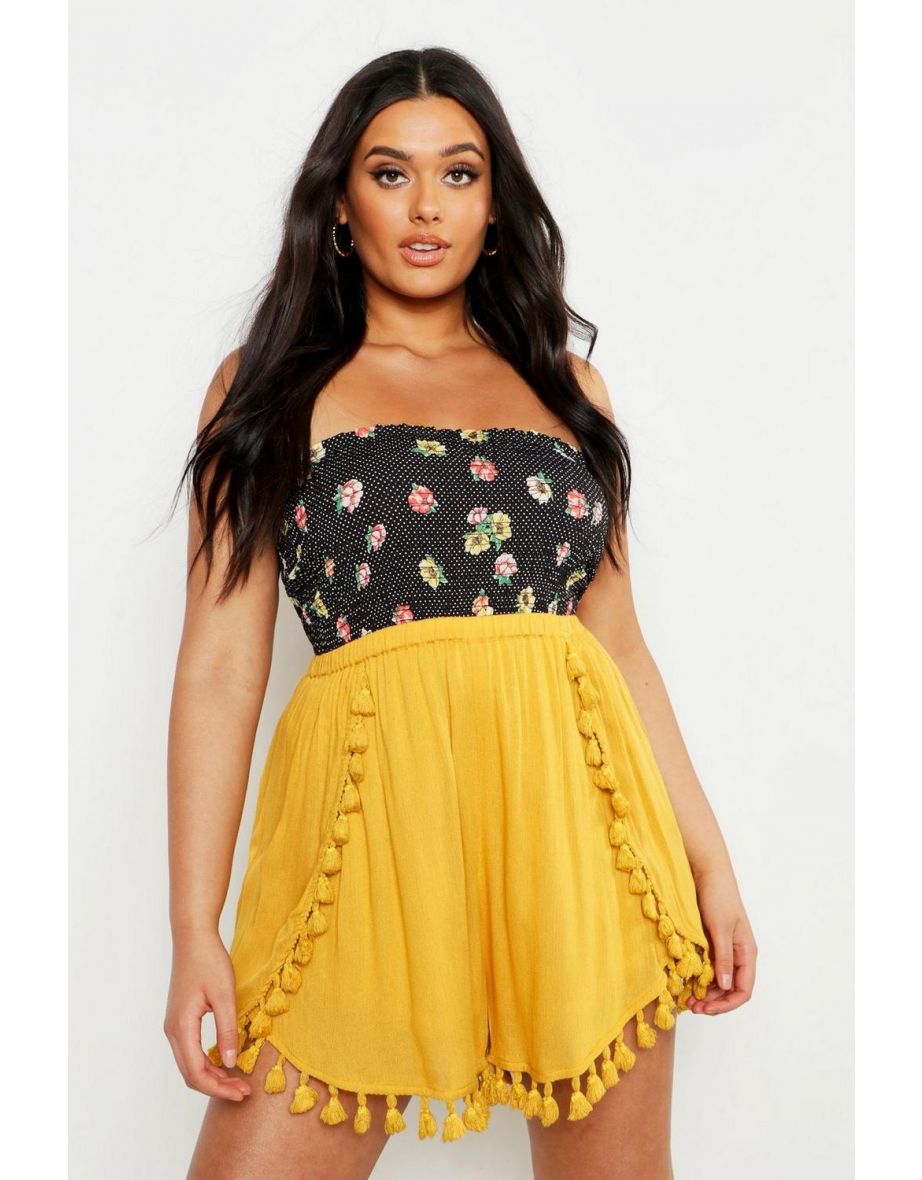 Plus Crinkle Tassel Trim Shorts - mustard