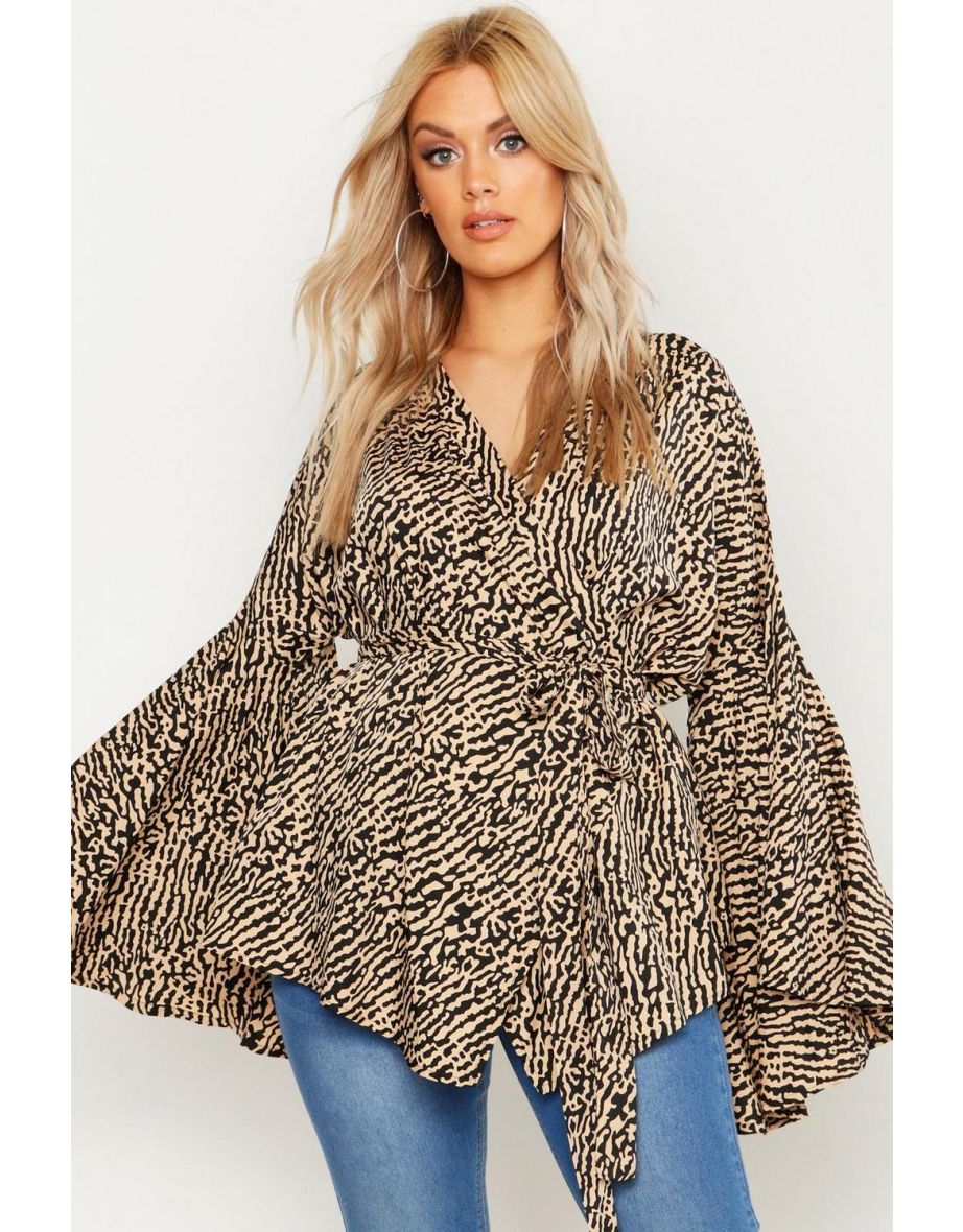 Plus Printed Extreme Sleeve Wrap Top - camel - 3