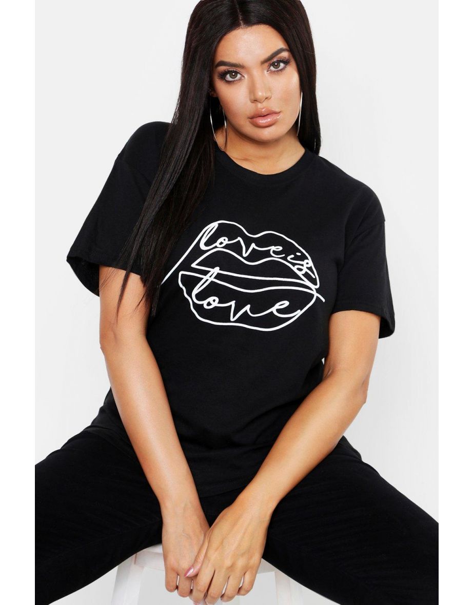 Plus Lips Sketch Slogan T-Shirt - black