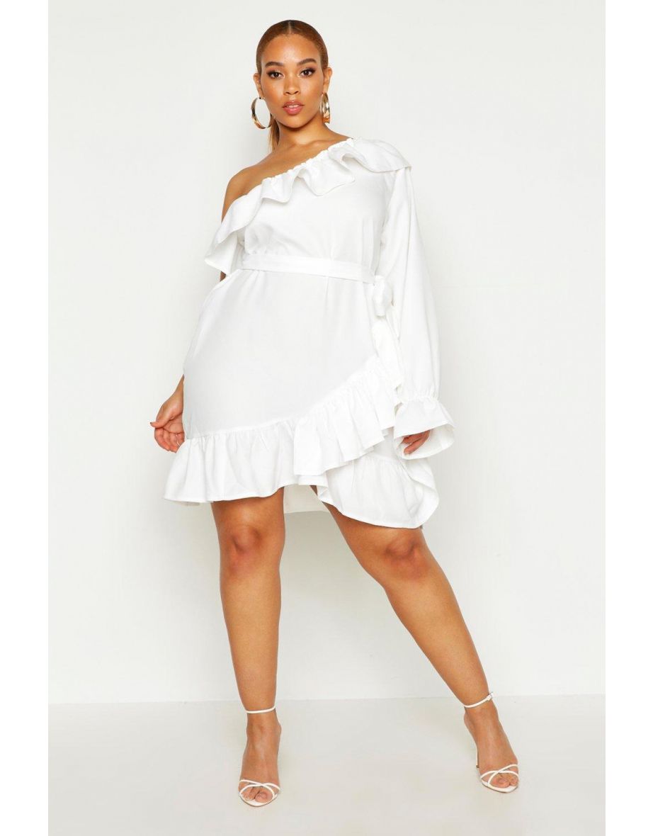 Plus One Shoulder Ruffle Tie Waist Dress - ivory