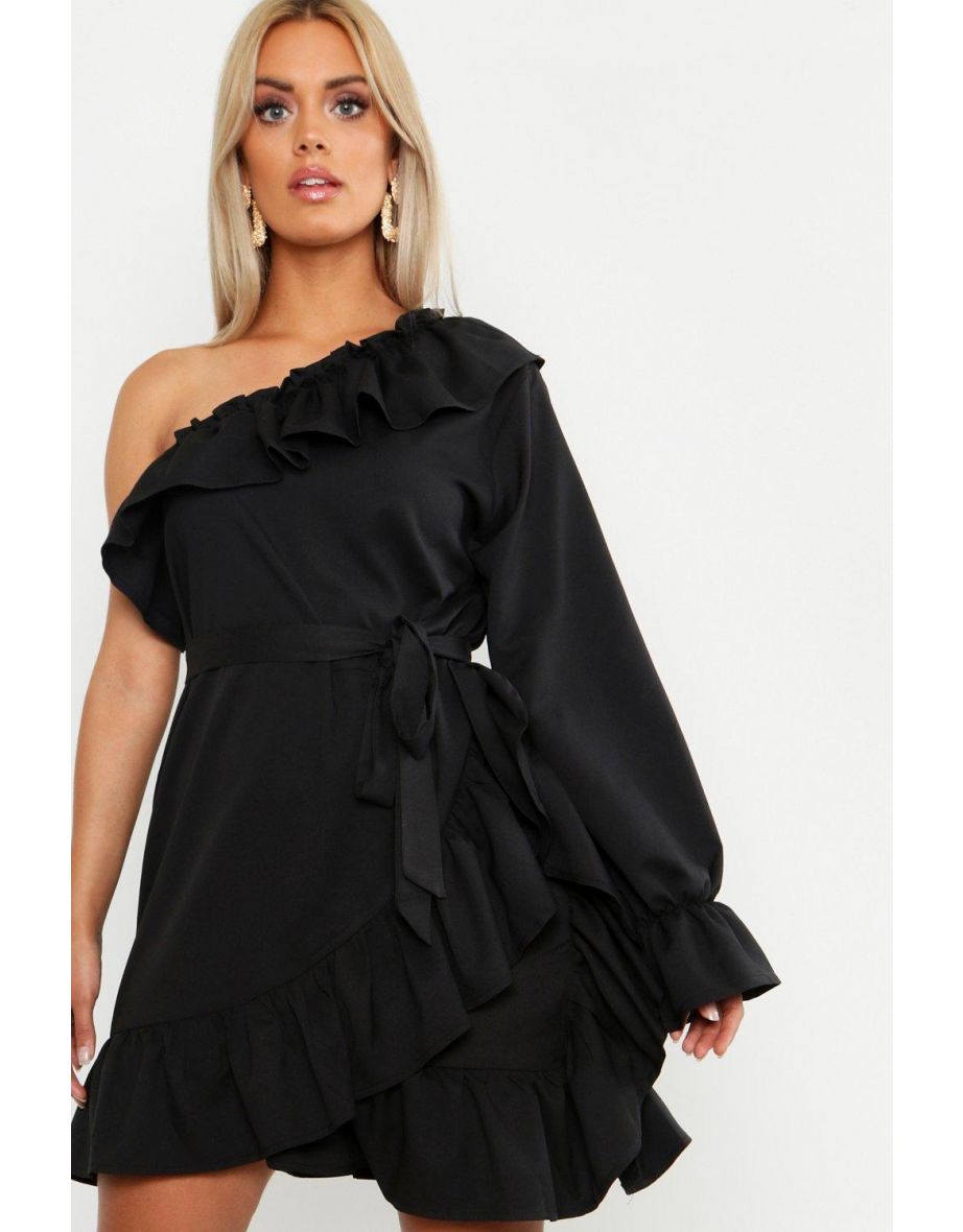Plus One Shoulder Ruffle Tie Waist Dress - ivory - 3
