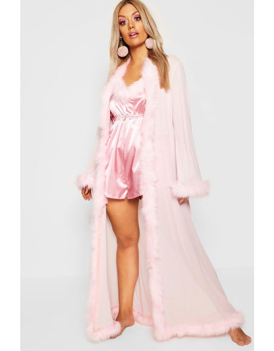Plus Gemma Collins Kimono Robe With Fluffy Trim - pink