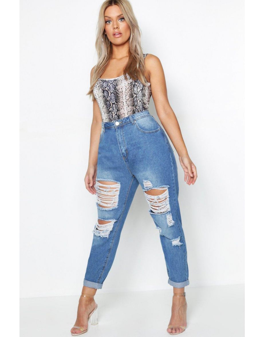Plus All Over Ripped Mom Jean - blue