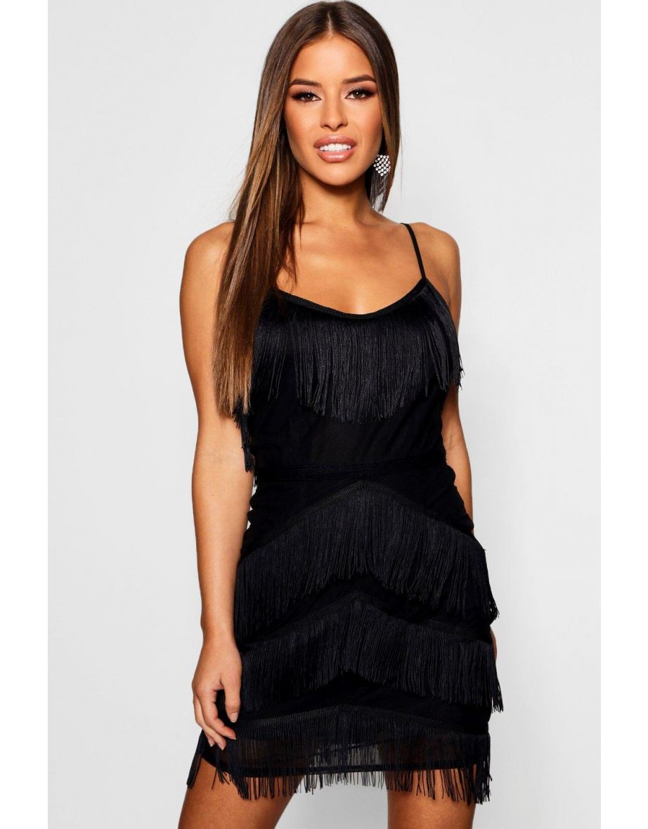 Premium All Over Tassel Bodycon Mini Dress - black
