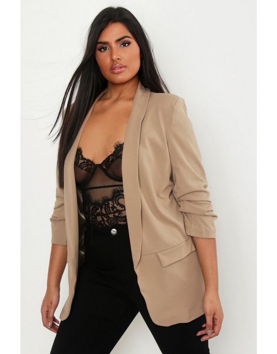 Plus Ruched Sleeve Blazer - stone