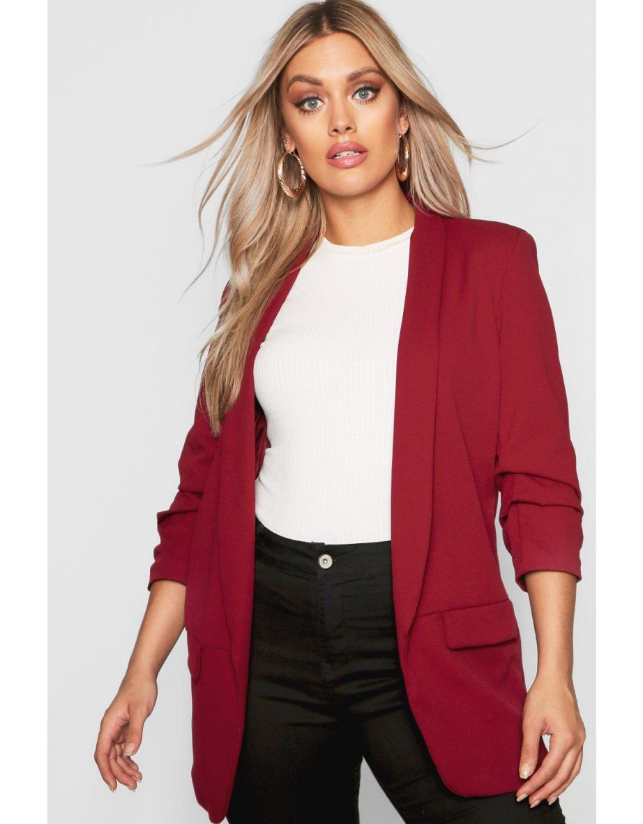 Plus Ruched Sleeve Blazer - wine
