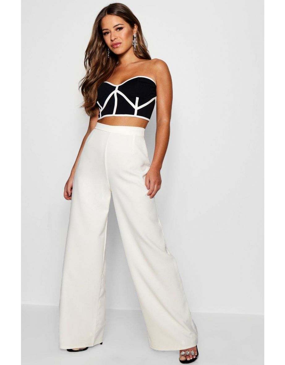 Petite  High Waisted Woven Wide Leg Trousers - white