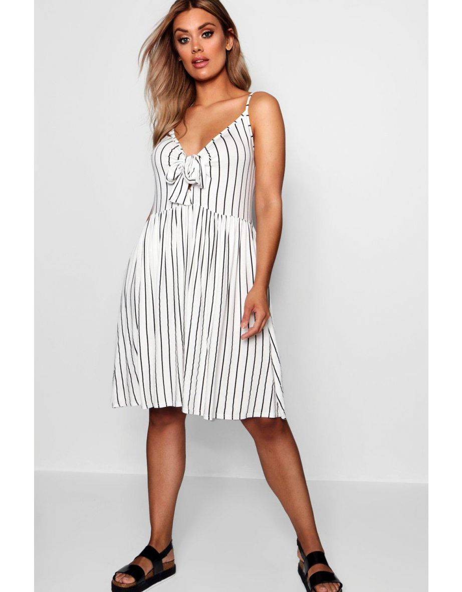 Plus Tie Front Stripe Split Midi Dress - white